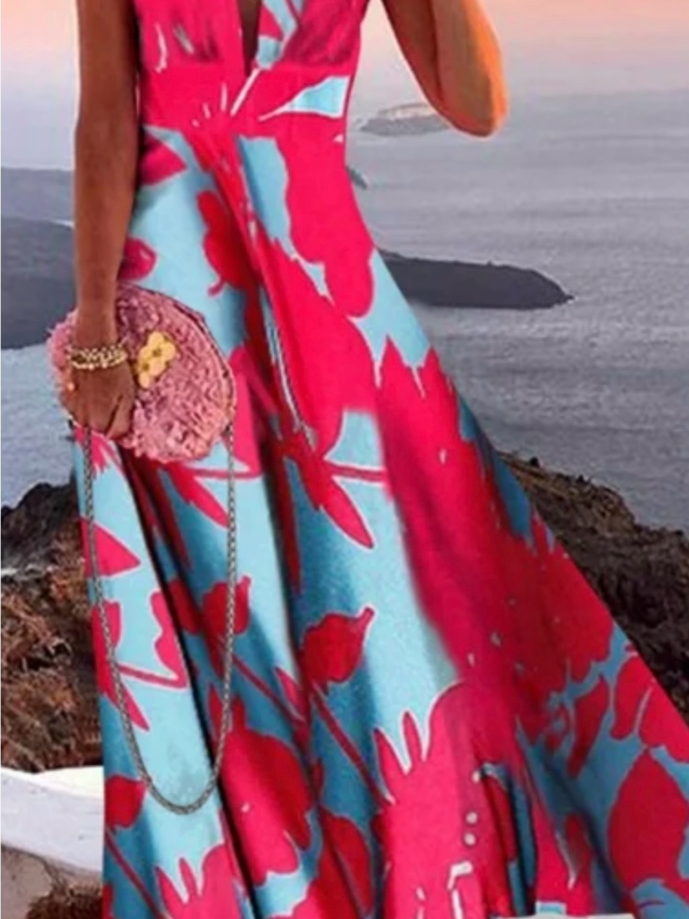 Vibrant Pink & Light Blue Floral Maxi Dress size medium - Women